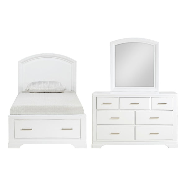 English Elm White Lacquer Twin Bedroom Set with Arched Headboard Dresser and Coordinating Mirror B011S08076