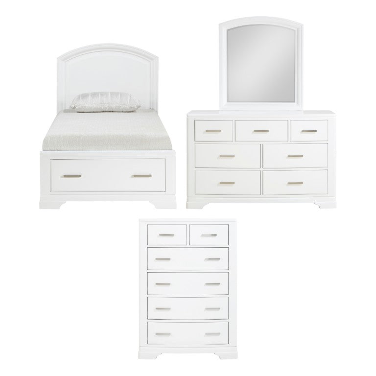 English Elm White Lacquer Twin Bedroom Set with Chrome Pulls Dresser Mirror and Storage Chest B011S08077
