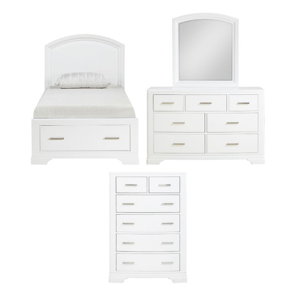 English Elm White Lacquer Twin Bedroom Set with Chrome Pulls Dresser Mirror and Storage Chest B011S08077