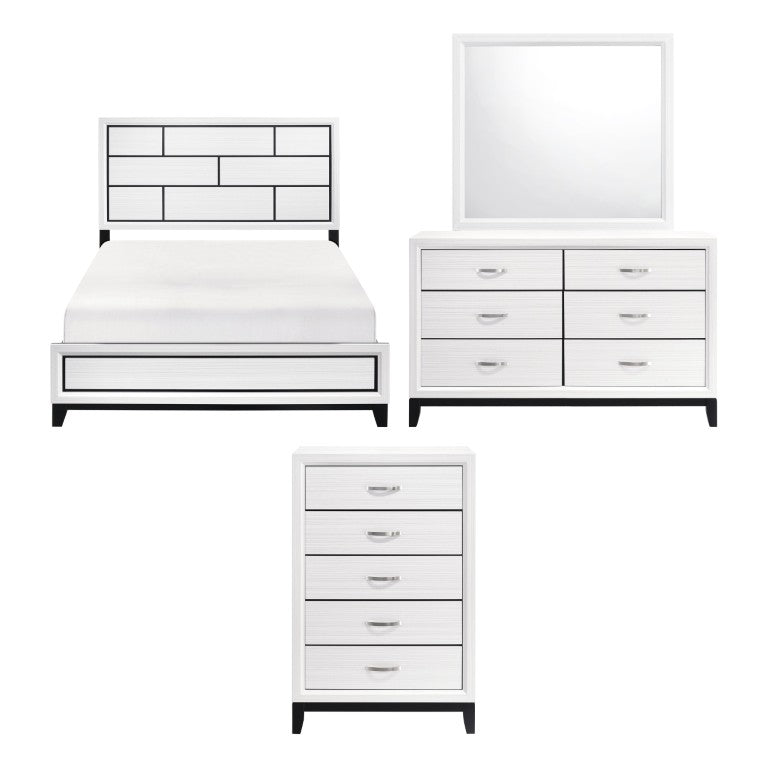 English Elm White Modern Bedroom Set Queen Bed Dresser Mirror and Chest with Black Accent Rails B011S08100