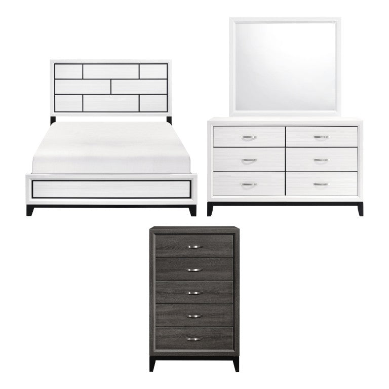 English Elm White Wood Grain Four Piece Full Bedroom Set with Black Accents and Nickel Hardware B011S08103