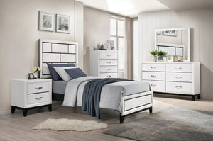 English Elm White Wood Grain Four Piece Full Bedroom Set with Black Accents and Nickel Hardware B011S08103