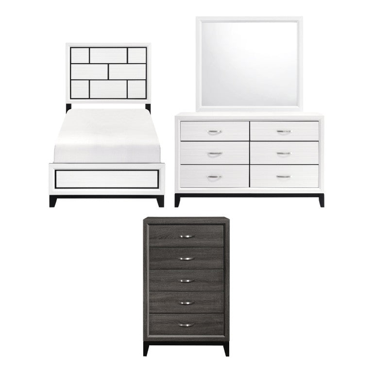 English Elm White Wood Grain Melamine Bedroom Set Twin Bed Dresser Mirror and Chest Contemporary B011S08106