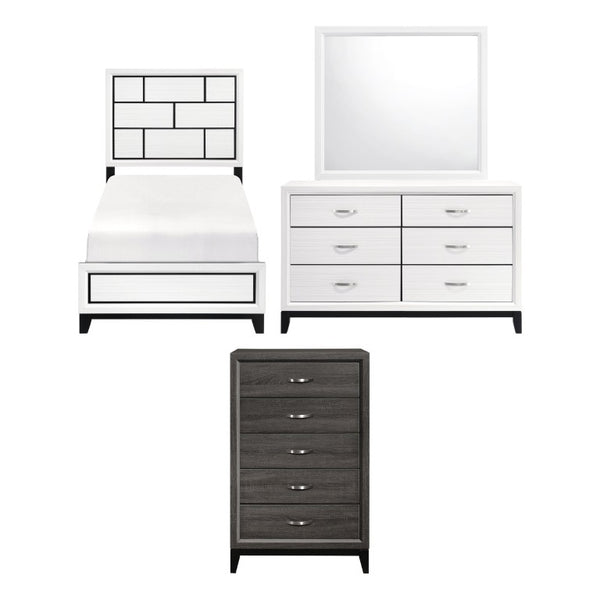 English Elm White Wood Grain Melamine Bedroom Set Twin Bed Dresser Mirror and Chest Contemporary B011S08106