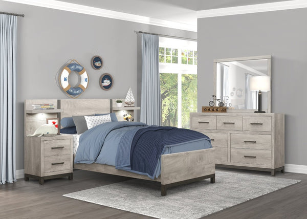 English Elm Gray Two-Tone Melamine Full Bedroom Set with LED Nightstand and Industrial Accents B011S08115