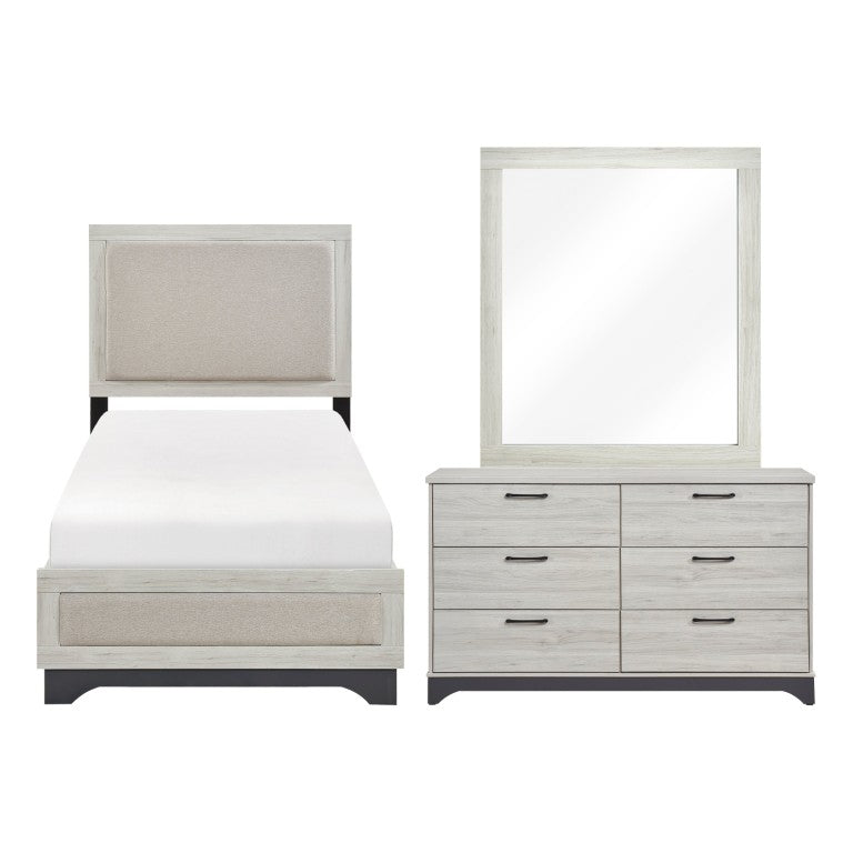 English Elm Beige Upholstered Twin Bedroom Set with Two-Tone Oak Gray Dresser Mirror and Chest Twin 3-Piece B011S08132