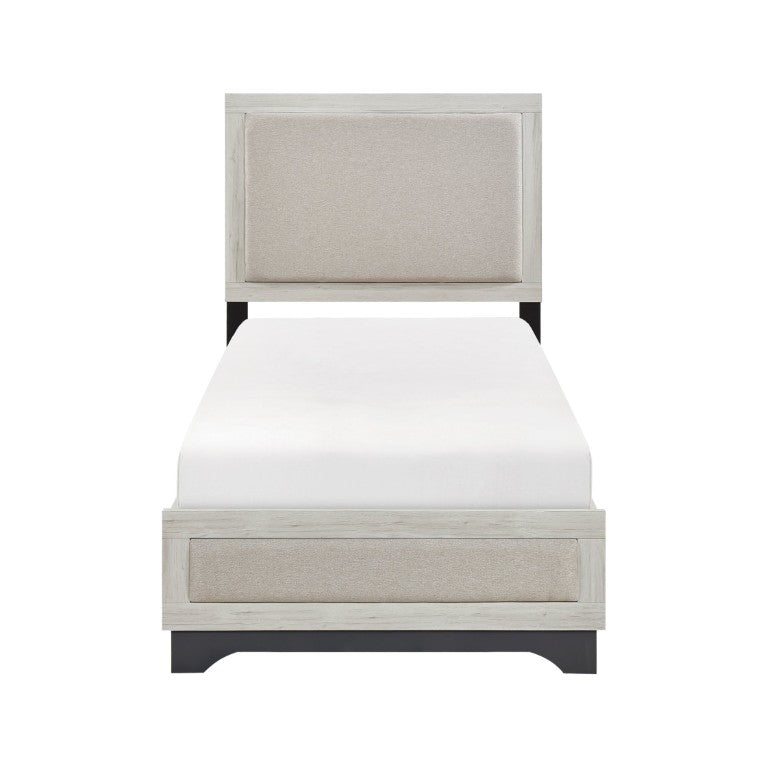 English Elm Beige Upholstered Twin Bedroom Set with Two-Tone Oak Gray Dresser Mirror and Chest Twin 3-Piece B011S08132