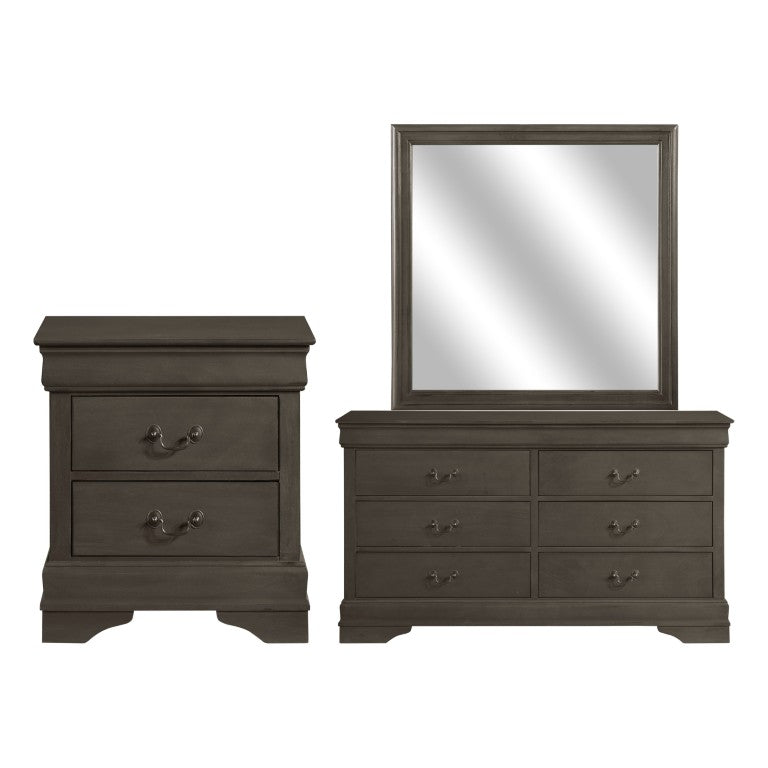 English Elm Gray Louis Philippe Bedroom Set with Okume Veneer Dresser Mirror and Nightstand B011S08230