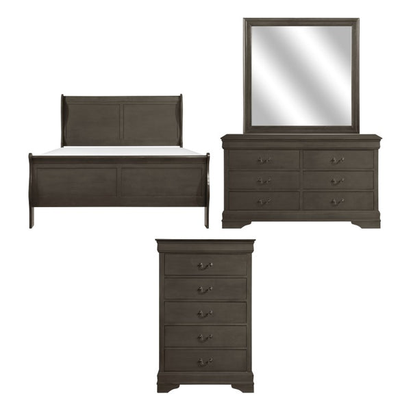 English Elm Gray Louis Philippe Sleigh Bedroom Suite with Brass Hardware Eastern King Four Piece B011S08233