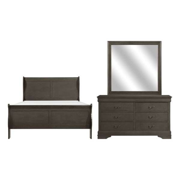 English Elm Gray Louis Philippe Sleigh Bed Dresser Mirror Set with Antique Brass Veneer B011S08235