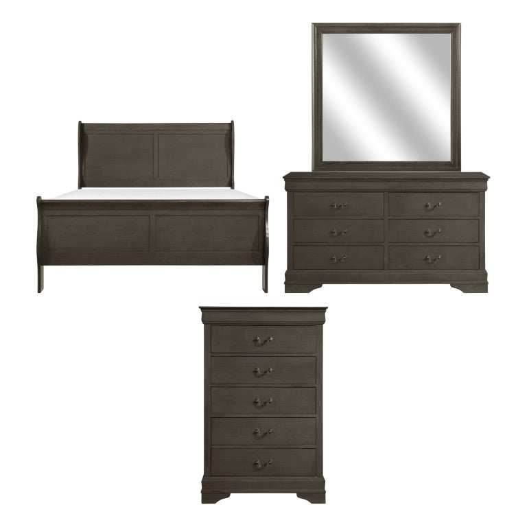 English Elm Gray Louis Philippe Bedroom Set Sleigh Bed Dresser Mirror and Chest in Okume Veneer B011S08236