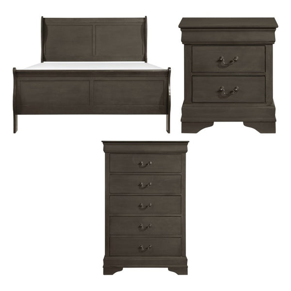 English Elm Gray Louis Philippe Queen Sleigh Bedroom Set with Okume Veneer and Brass Hardware B011S08237