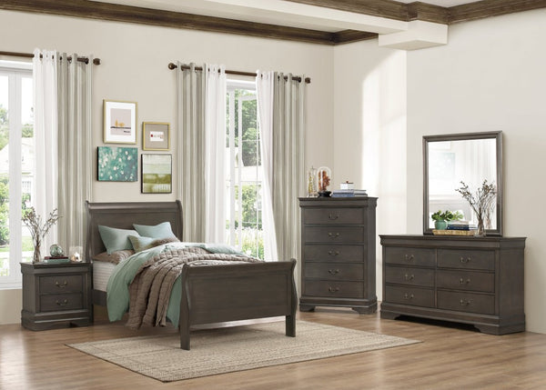 English Elm Gray Louis Philippe Bedroom Set Sleigh Bed Nightstand Chest Antiqued Brass B011S08240