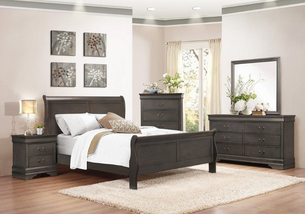 English Elm Gray Louis Philippe Bedroom Set Sleigh Bed Nightstand Chest Antiqued Brass B011S08240