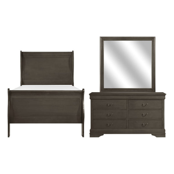 English Elm Gray Louis Philippe Sleigh Bed Dresser Mirror Set with Antique Brass Hardware B011S08244