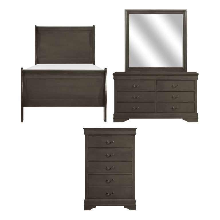 English Elm Gray Louis Philippe Twin Sleigh Bedroom Suite with Okume Veneer and Brass Accents B011S08245