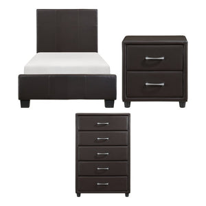 English Elm Brown Faux Leather Twin Bedroom Set with Low Profile Bed Nightstand and Chest B011S08259
