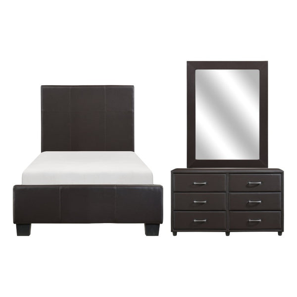 English Elm Brown Faux Leather Twin Bedroom Set with Dresser Mirror and Silver Tone Hardware B011S08260