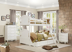 English Elm White Cottage Bunk Bed Set with Two Nightstands Beadboard Panels and Guard Rails Full B011S08288