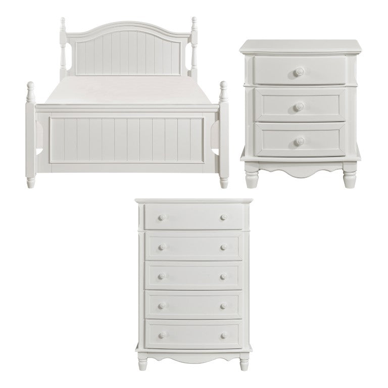 English Elm White Cottage Full Bed Nightstand and Chest Set with Bead Board Paneling for Kids B011S08289