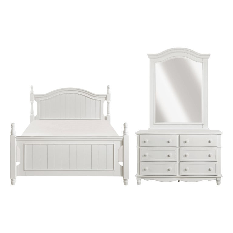 English Elm White Cottage Full Bedroom Set with Beadboard Paneling Bow Front Dresser and Mirror B011S08290