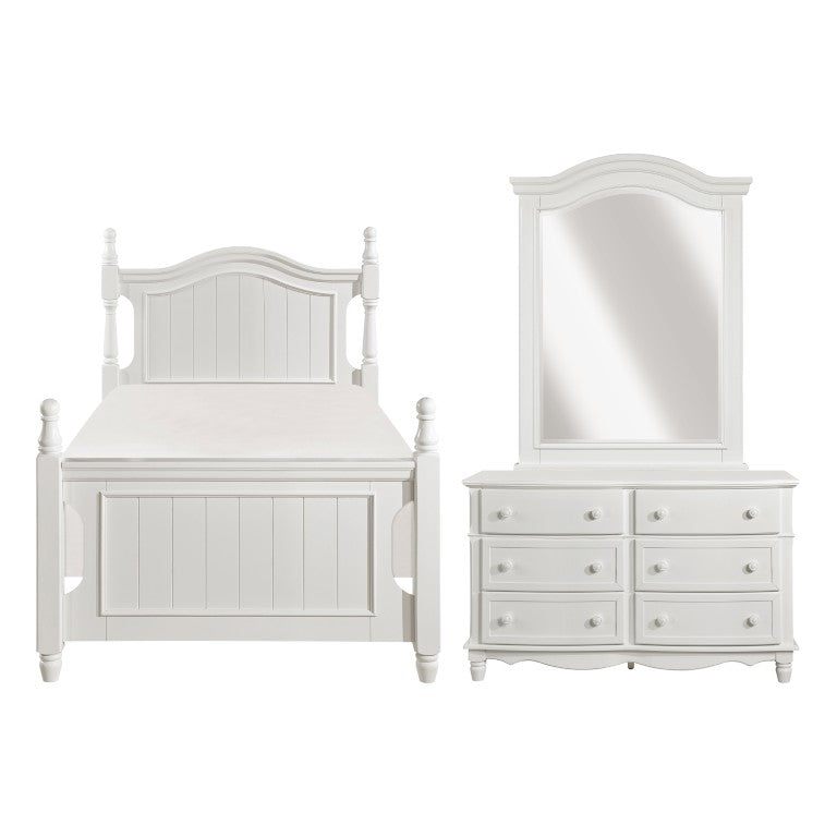 English Elm White Cottage Bedroom Set with Twin Bed Bow Front Dresser and Beadboard Paneling B011S08299