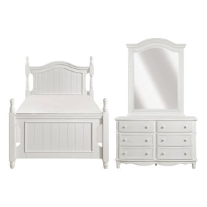 English Elm White Cottage Bedroom Set with Twin Bed Bow Front Dresser and Beadboard Paneling B011S08299