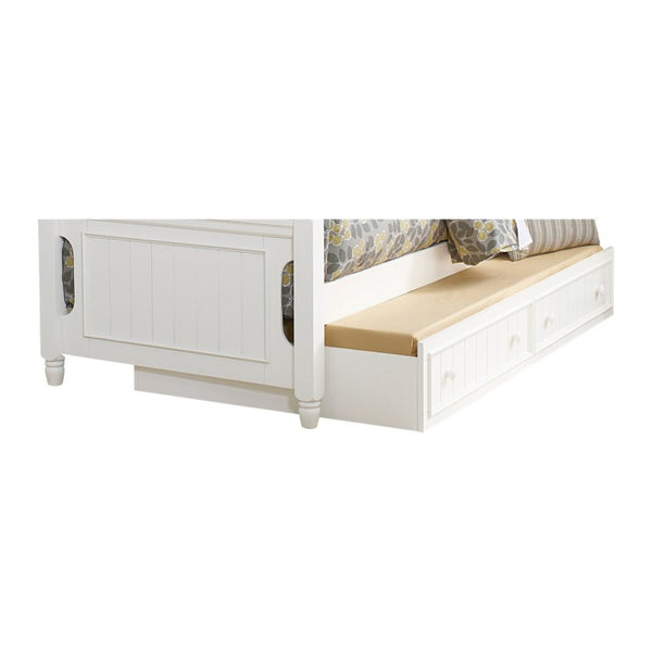 English Elm White Cottage Bunk Bed Set with Beadboard Panels Turned Posts and Bow Front Nightstand 3-Piece: Full Bed, Twin Trundle & Nightstand B011S08305