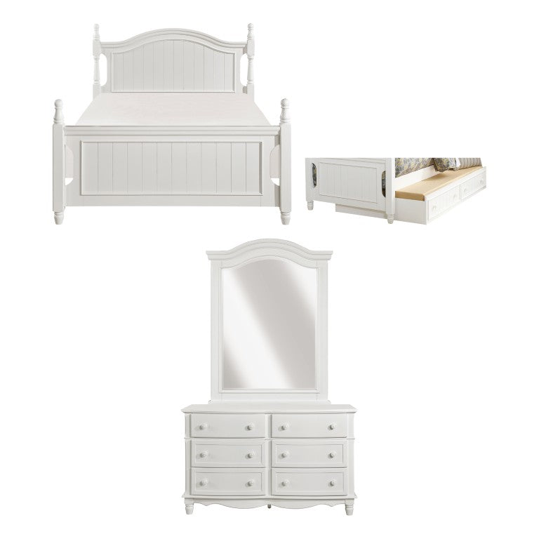 English Elm White Cottage Bedroom Set with Full Bed Twin Trundle Dresser and Framed Mirror B011S08308