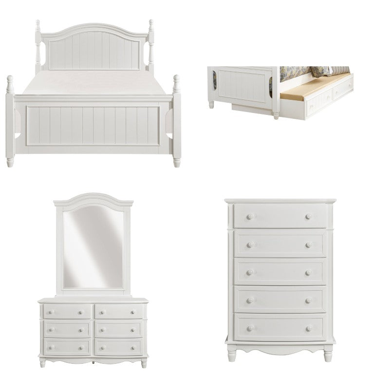 English Elm White Cottage Bedroom Set with Full Bed Twin Trundle Dresser Mirror and Chest B011S08309