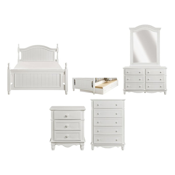 English Elm White Cottage Bunk Bed Set with Beadboard Panels Turned Posts and Bow Front Nightstand 6-Piece: Full Bed, Twin Trundle, Dresser, Mirror, Nightstand & Chest B011S08312