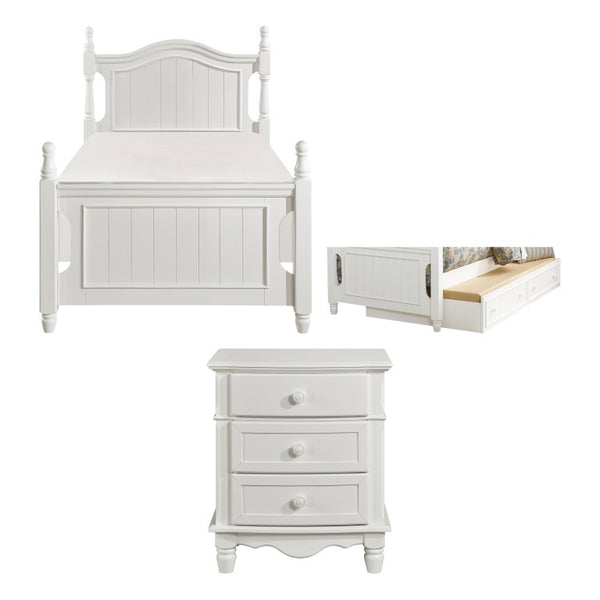 English Elm White Cottage Bunk Bed Set with Beadboard Panels Turned Posts and Bow Front Nightstand 3-Piece: Twin Bed, Twin Trundle & Nightstand B011S08314