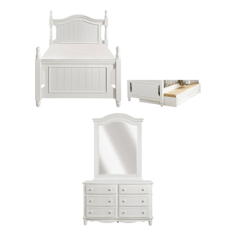 English Elm White Cottage Kids Bedroom Set with Twin Trundle Bed Bead Board Dresser and Mirror B011S08317