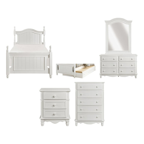 English Elm White Cottage Bunk Bed Set with Beadboard Panels Turned Posts and Bow Front Nightstand 6-Piece: Twin Bed, Twin Trundle, Dresser, Mirror, Nightstand & Chest B011S08321