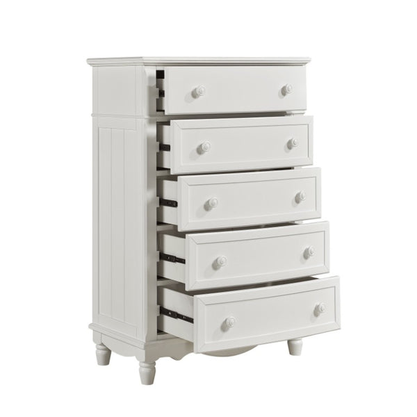English Elm White Cottage Bunk Bed Set with Beadboard Panels Turned Posts and Bow Front Nightstand 6-Piece: Twin Bed, Twin Trundle, Dresser, Mirror, Nightstand & Chest B011S08321