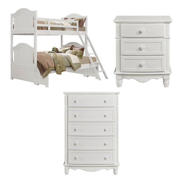 English Elm White Cottage Bunk Bed Set with Beadboard Panels Turned Posts and Bow Front Nightstand 3-Piece: Twin, Nightstand & Chest B011S08325