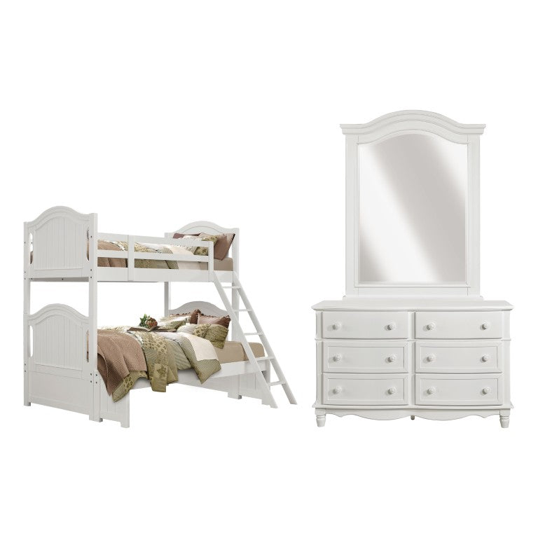 English Elm White Cottage Kids Bedroom Set with Bunk Bed Bow Front Dresser and Framed Mirror B011S08326