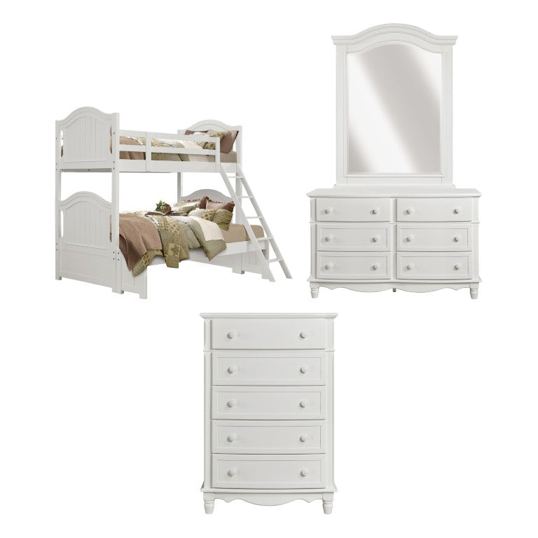 English Elm White Cottage Bunk Bed Bedroom Set with Beadboard Dresser Chest and Framed Mirror B011S08327