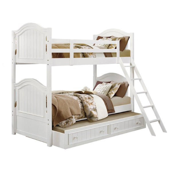 English Elm White Cottage Bunk Bed Set with Two Nightstands Beadboard Panels and Guard Rails Twin B011S08333