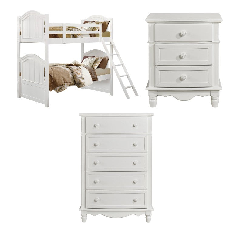 English Elm White Cottage Bunk Bed Set with Nightstand and Chest for Kids Bedroom Decor B011S08334