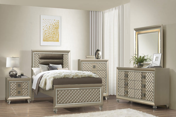 English Elm Bronze Champagne Metallic Twin Bedroom Set with LED Headboard and Diamond Panels B011S08395