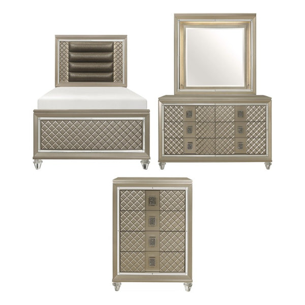 English Elm Bronze Champagne Glam Twin Bedroom Set with LED Lighting and Diamond Panel Accents B011S08397