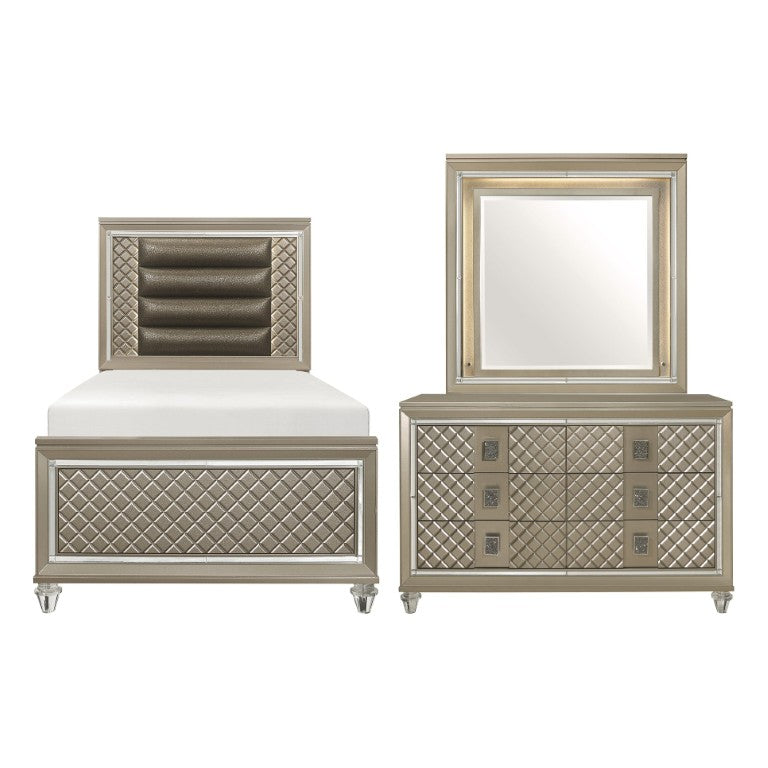 English Elm Bronze Glam Twin Bedroom Set with LED Backlit Headboard Diamond Panel Dresser B011S08401