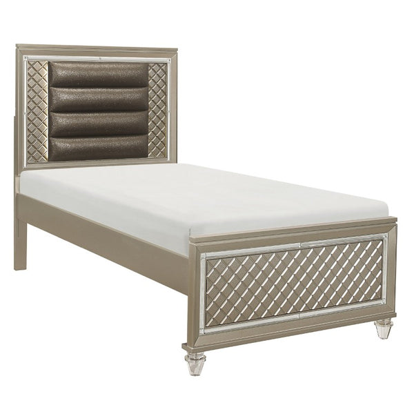 English Elm Bronze Glam Twin Bedroom Set with LED Headboard Mirrored Trim and Diamond Panels B011S08402