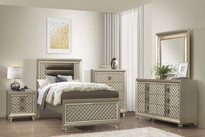 English Elm Bronze Glam Twin Bedroom Set with LED Headboard Mirrored Trim and Diamond Panels B011S08402