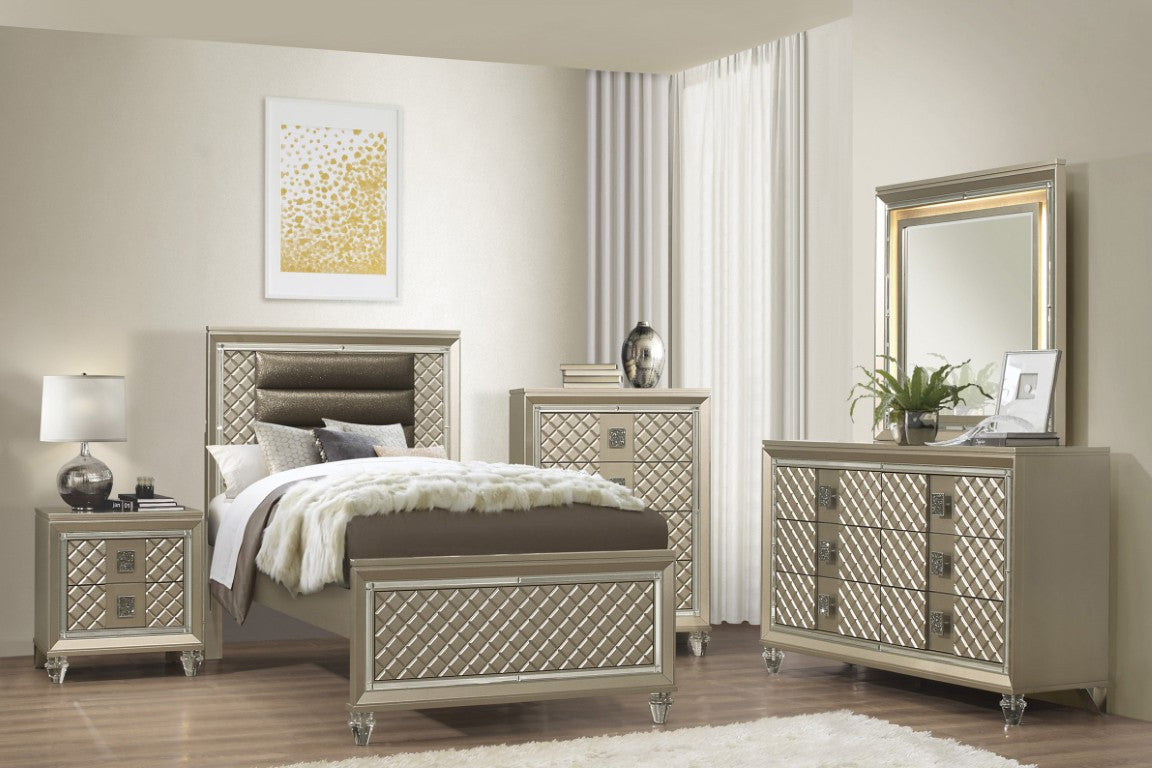Bronze Glam Twin Bedroom Set with LED Headboard Mirrored Trim and Diam