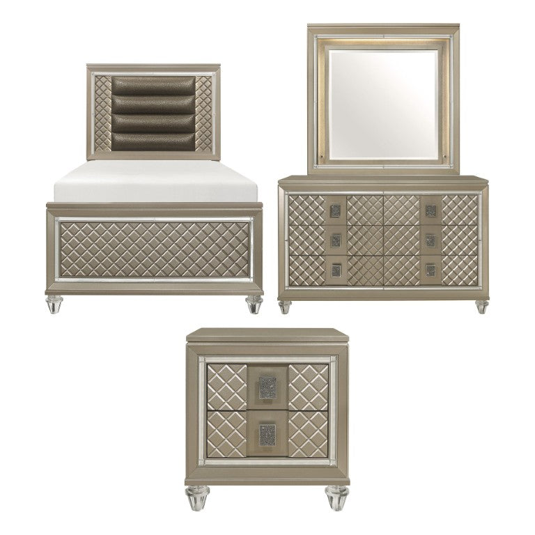 English Elm Bronze Glam Twin Bedroom Set with LED Headboard Champagne Metallic Finish Nightstands 5-Piece B011S08404
