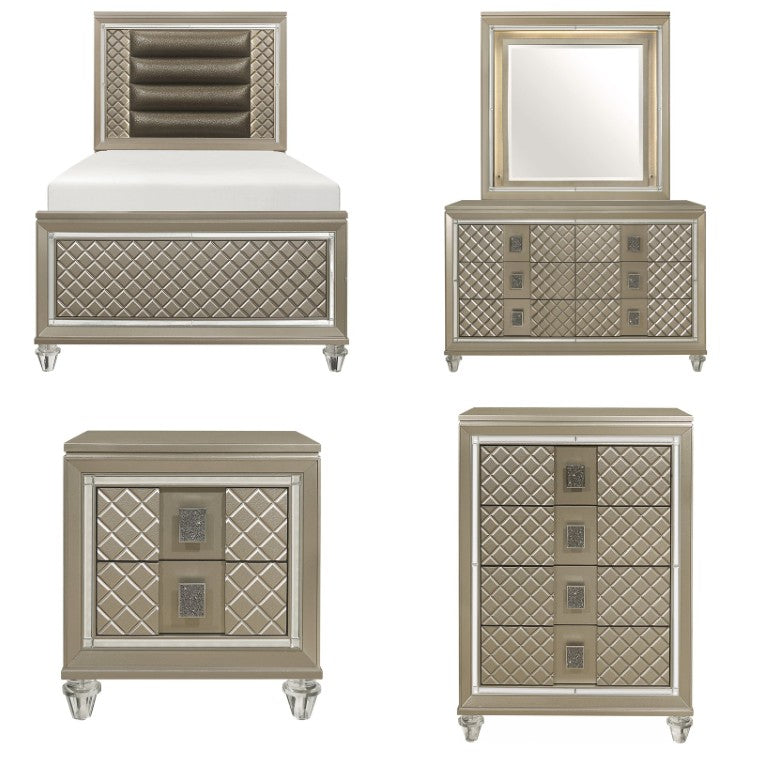 English Elm Bronze Champagne Metallic Twin Bedroom Set with LED Lighting and Diamond Panel Glam 6-Piece B011S08406
