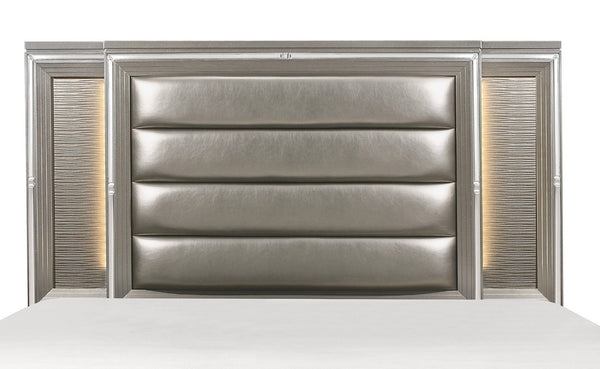 English Elm Modern California King Platform Bed LED Backlit Faux Leather Headboard Storage Footboard B011S08529