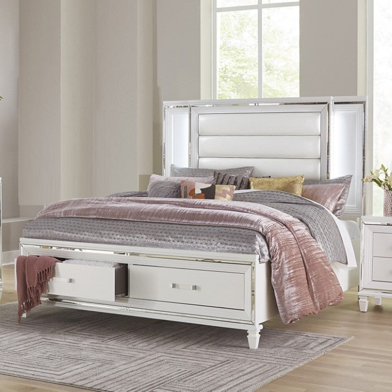 English Elm Glam California King Platform Bed LED Lit Metallic Headboard Faux Leather Storage B011S08535